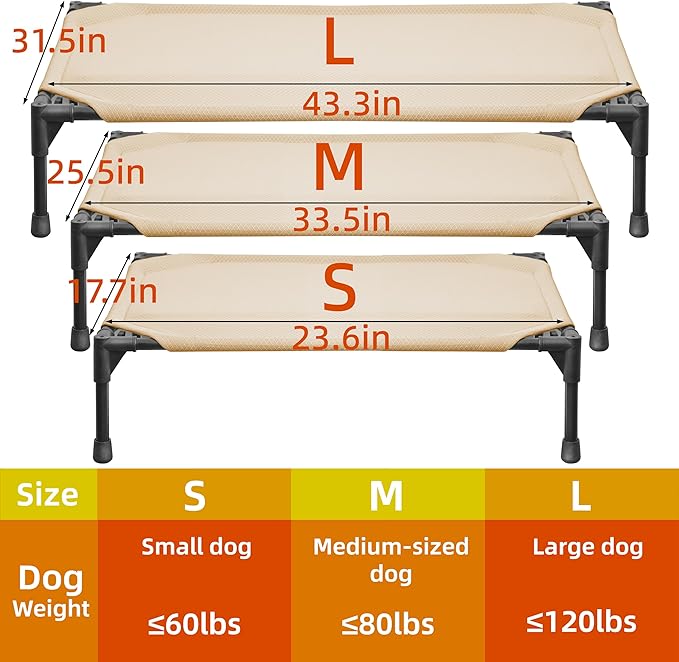 Soft Mesh Elevated Pet Bed for Large Medium Dogs Outdoor Resting Cot with Water-Resistant, Air-Permeable, Cooling and Anti-Skid Portable Dog Bed, Up to 80 lbs,33.3" L x 25.2" W x 6.9" H, Beige