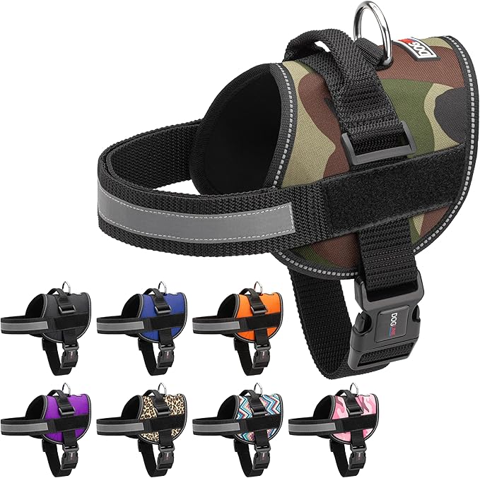 Dogline Dog Harness, Reflective No-Pull Adjustable Vest with Handle for Walking, Training, Breathable, No - Choke Harness for Small, Medium or Large Dogs Room for Patches Girth 33"-46" in Green Camo