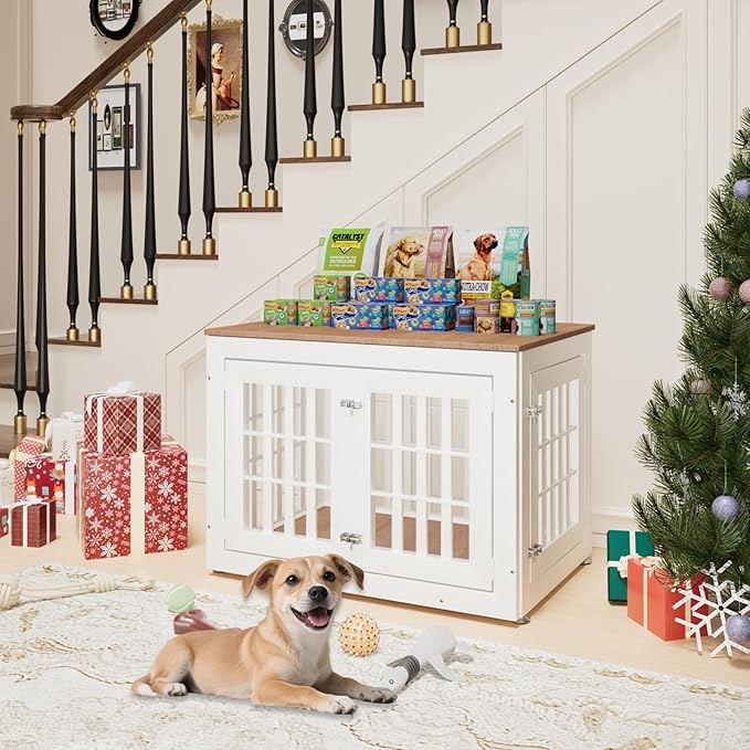 38" Heavy Duty Dog Crate Furniture for Small,Medium and Large Dogs,Rustic Wooden Dog Cage Kennel Indoor Furniture with Waterproof Top,Decorative Pet House Side End Table (White & Wood)