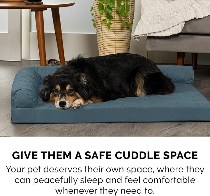 Furhaven Cooling Gel Dog Bed for Large Dogs w/ Removable Bolsters & Washable Cover, For Dogs Up to 95 lbs - Pinsonic Quilted Paw L Shaped Chaise - Bluestone, Jumbo/XL