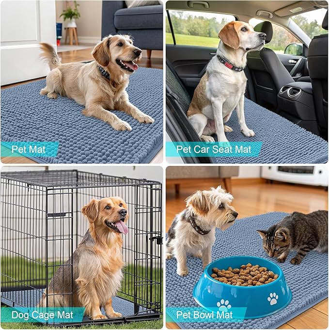 OLANLY Dog Door Mat for Muddy Paws 59x20, Absorbs Moisture and Dirt, Absorbent Non-Slip Washable Doormat, Quick Dry Chenille Mud Mat for Dogs, Entry Indoor Entryway Carpet for Inside Floor, Airy Blue