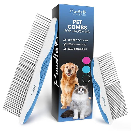 Poodle Pet Dog Combs for Grooming | 2 Pack | Stainless Steel Teeth Easily Remove Dirt | Proper Care Prevents Knots and Mats for Long and Short Haired Pets | Anti-Slip Comfort Grip Handle (Blue)