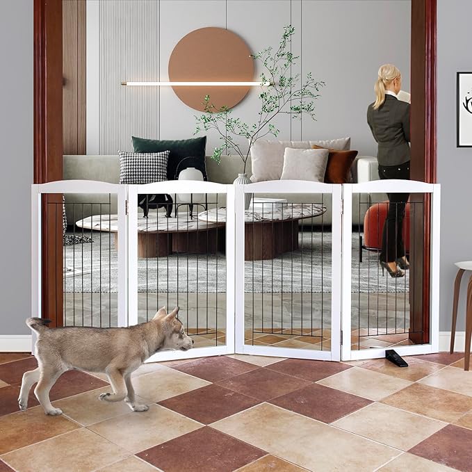 ZJSF Freestanding Dog Fence Indoor, Foldable Dog Gate for Doorways, Stairs or Hallways, Sturdy Wood Extra Wide Pet Gate with Support Feet for The House, White, 32 "Height-4 Panels