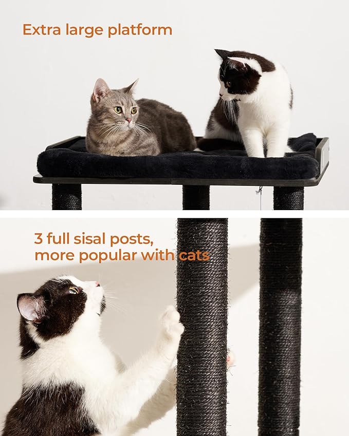 FourFurPets 26.7in Cat Tree Tower Condo, Cat Scratch Posts for Indoor Cats, Big Plate, Three 23.6in Full Sisal Scratching Posts, Black