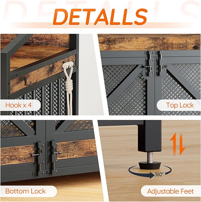 HOOBRO 43.3" Dog Crate Furniture, Heavy Duty Dog Kennel Indoor with Storage Shelves, Wooden Dog Cage with LED Lights, for Medium Large Breed, Rustic Brown and Black BF89DGW03