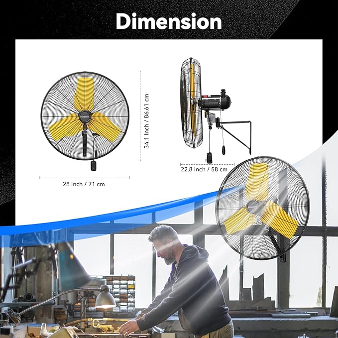 Pro 9500 CFM 24" Outdoor IP44 Waterproof Wall Mount Fan, 3-Speed Oscillating Metal Fans with Enclosure Motor, Heavy Duty Wall Fan for Patio, Warehouse, Garage, and Jobsite