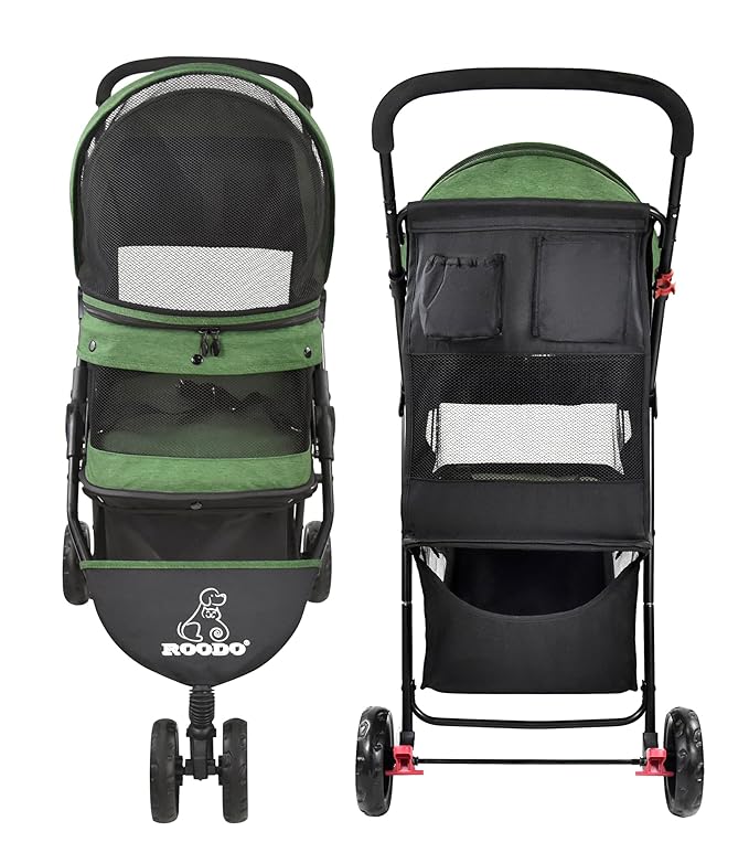 ROODO 3 Wheel Pet Stroller Best Lightweight Foldable Compact Portable Jogger All Terrain Travel Pet Gear Puppy Kitty Stroller for up to 30lbs Medium Small Dogs and Cats(Green)