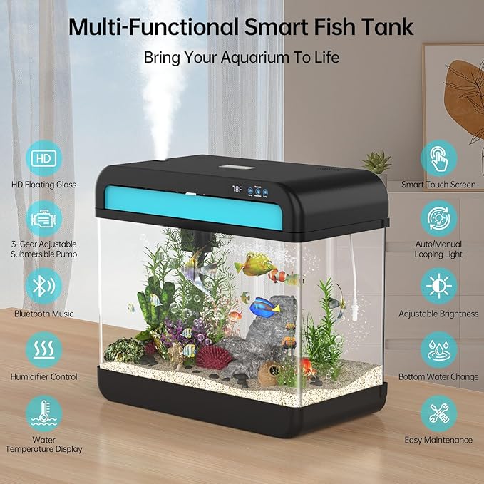 Fish Tank Aquarium 6.3 Gallon Fish Bowl with Music Humidifier 7 Color Auto-Looping Light Adjustable Quiet Pump, Temperature Display, Bottom Water Changer, HD Float Glass, Leak-Proof Thickened Base