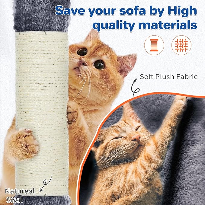 Cat Tree Tower 63in Multi-Level Cat Tower for Indoor Cats with Sisal Scratching Posts, Condo, Hammock, Dangling Ball and Extended Platform for Cats to Play, Dark Grey