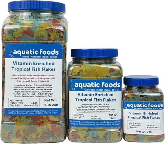 Aquatic Foods Inc. Premium Vitamin Enriched Tropical Fish Flakes, Vitamin Pack, Krill, Color Enhancing, Spirulina Flakes for All Tropical Fish Also Pellet Mix, Wafer Mix Included…1-lb 2oz
