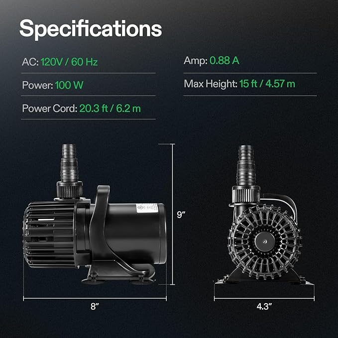 VIVOSUN 1600 GPH Submersible Water Pump, 100W Pond Pump, Ultra Quiet Aquarium Pump with 15FT. Lift Height for Pond, Waterfall, Fish Tank, Statuary, Hydroponic