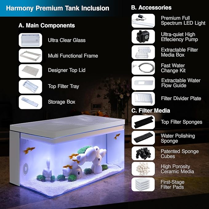 Harmony All-in-One Aquatic Tank by Clairnara - Harmony Premium - iF Design Award Winning 10 Gallon Aquarium with LED Light, Patented Filtration System, and Ultra-Quiet Water Pump