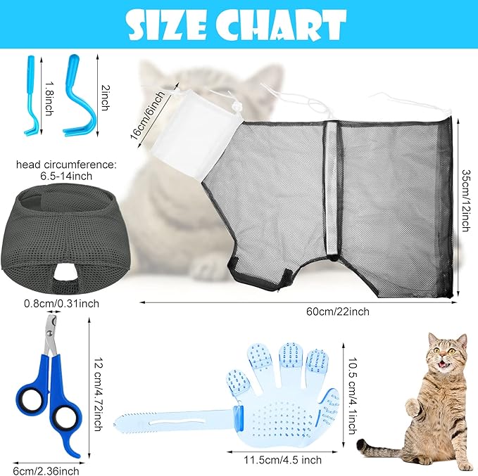 Patelai 5 Pcs Cat Bathing Bag Set Cat Grooming Bag Adjustable Pet Shower Net Muzzles Nail Clipper Tick Remover Tool Massage Brush(Grey-White)