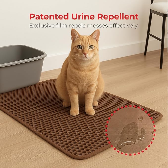 Small Cat Litter Trapper by iPrimio - Litter Mat, EZ Clean Cat Mat, Litter Box Mat Water Proof Layer and Puppy Pad Option. Patented (23"x21" Brown)