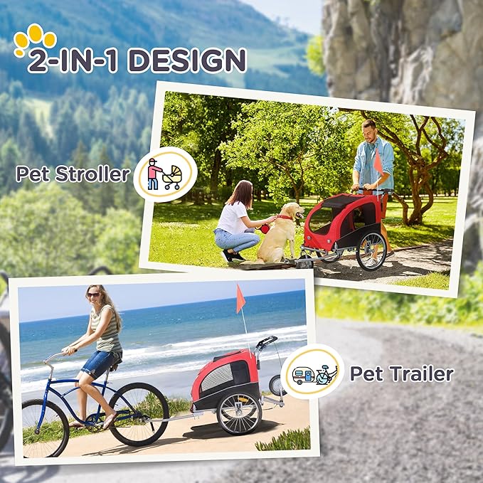 Aosom Dog Bike Trailer 2-in-1 Pet Stroller with Canopy and Storage Pockets