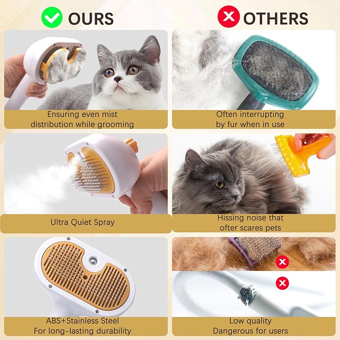 Pet Steam Brush for Dogs and Cats - 4-in-1 Spray Detangling Comb - Steam Detangling and Grooming - Water Brush for Long and Short Haired Pets - Includes Waterless Shampoo and Comb