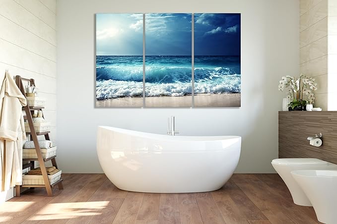 Nature Wall Art Prints - Ocean Forest Mountain Lake Canvas Landscapes - Small to Extra Large Living Room Bedroom Kitchen Bathroom Décor (Summer Ocean Beach, 47L" x 71W" - 3 panels)
