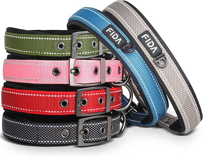 Fida Heavy Duty Dog Collar, Ultra Comfortable Soft Neoprene Padded, Adjustable Reflective Nylon Pet Collar with Durable Metal Belt Buckle for Small Breeds (S, Green)