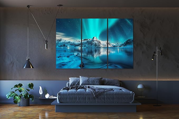 Nature Wall Art Prints - Ocean Forest Mountain Lake Canvas Landscapes - Small to Extra Large Living Room Bedroom Kitchen Bathroom Décor (Northern Lights Over Lake, 35L" x 53W" - 3 Panels)