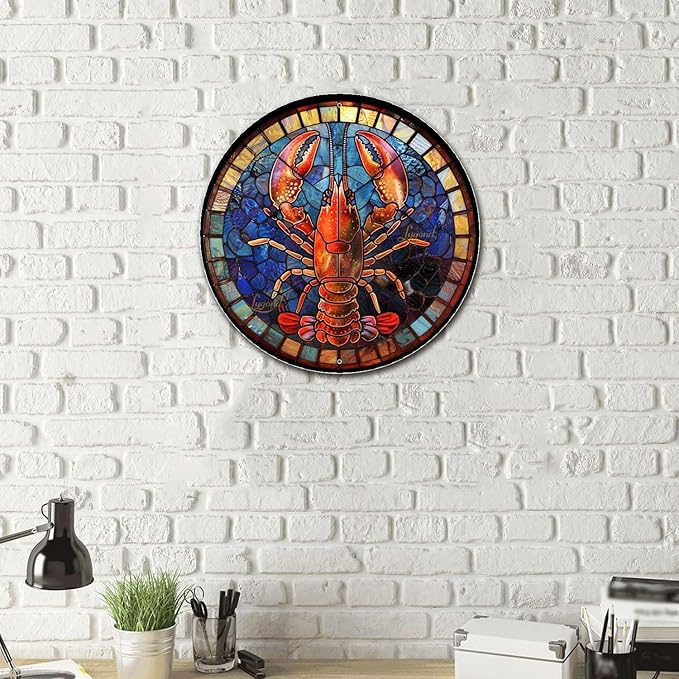 Lygond Metal Sign Tin Sign Circular Stained Glass Lobster Gardening Poster for Club 8×8 Inches