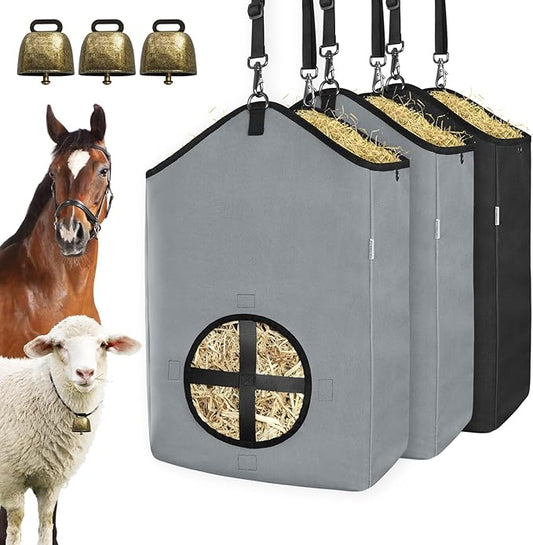 3 PCS Goat Hay Feeder,Hay Bags for Horses,Goats,Donkeys with Reinforced Oxford Fabric and High Strength Metal Clasp,Horse Feeding Supplies with Adjustable Strap for Easy Hanging (2Grey+1Black)