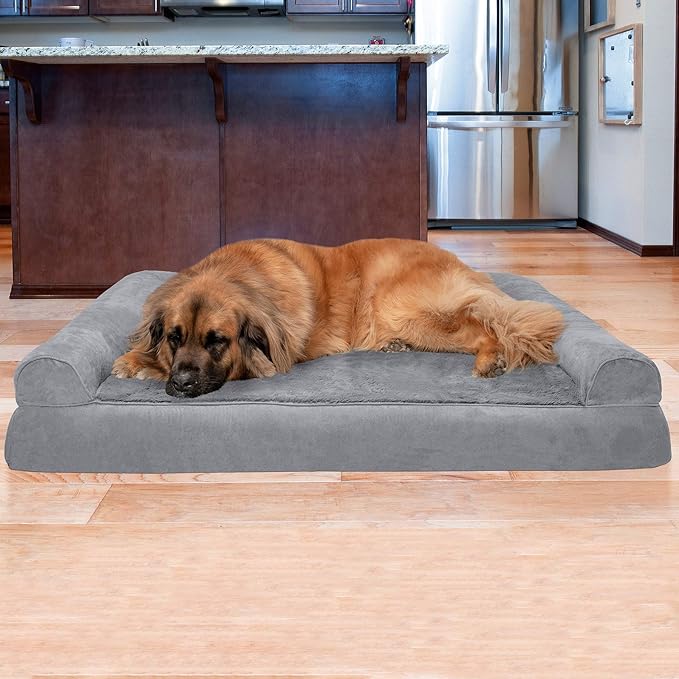 Furhaven Orthopedic Dog Bed for Large Dogs w/ Removable Bolsters & Washable Cover, For Dogs Up to 125 lbs - Plush & Suede Sofa - Gray, Jumbo Plus/XXL