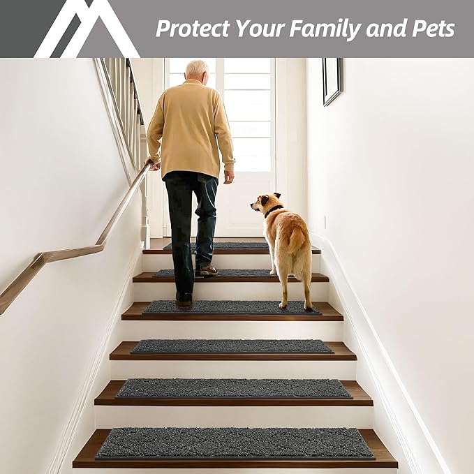 COSY HOMEER Edging Stair Treads Non-Slip Carpet Mat 28inX9in Indoor Stair Runners for Wooden Steps, Edging Stair Rugs for Kids and Dogs, 100% Polyester TPE Backing (4pc, Black)