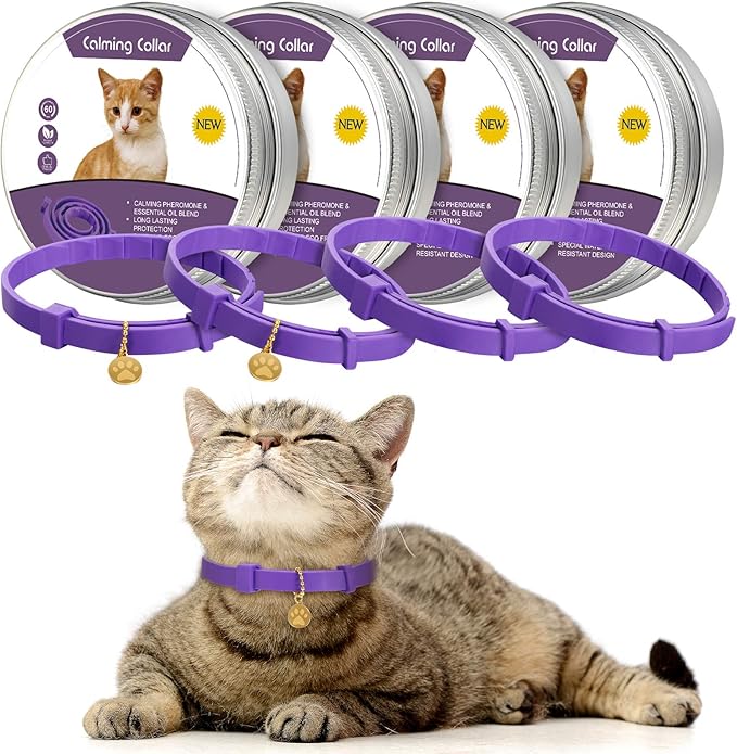 4 Pcs Cat Calming Collar Adjustable Lavender Scent Relaxing Cat Collar with 2 Pendant for Puppies Reduce Stress Aggression Anxious, up to 15 Inches(Purple, Gold)
