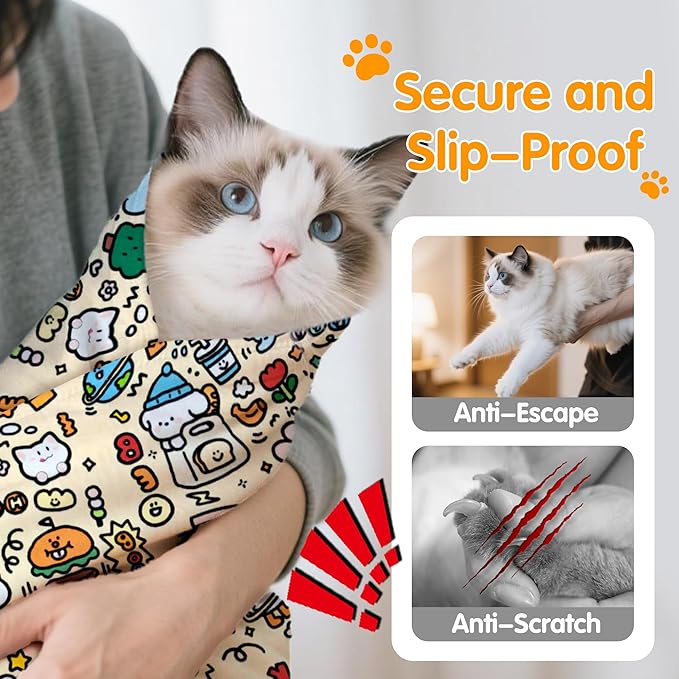 27.6" Large Cat Grooming Wrap, Cat Grooming Supplies, Cat Wrap for Cutting Nails, Self-Adhesive Cat Grooming Bag for Cats Within 15lbs Cat Restraint for Nail Clipping, Medicine Taking(Yellow)