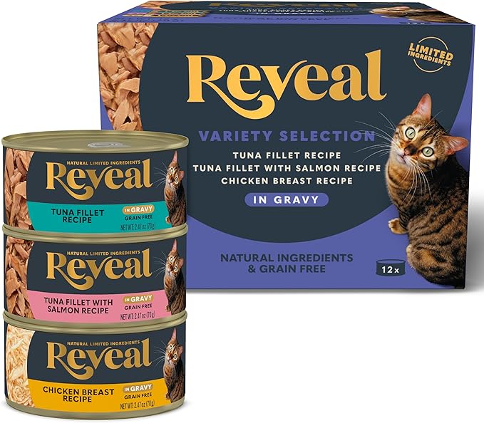 Reveal Natural Wet Cat Food, 12 Count, Grain Free, Limited Ingredient Canned Food for Cats, Fish and Chicken Variety in Gravy, 2.47 oz Cans