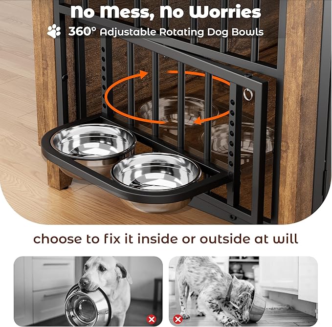 Lulive Dog Crate Furniture, Wooden Dog Kennel Indoor with Adjustable 360°& Height Dog Bowls, Double Doors Furniture Dog Crates End Table for Small/Medium 31.5" L*22.5" W*25.6" H, Brown