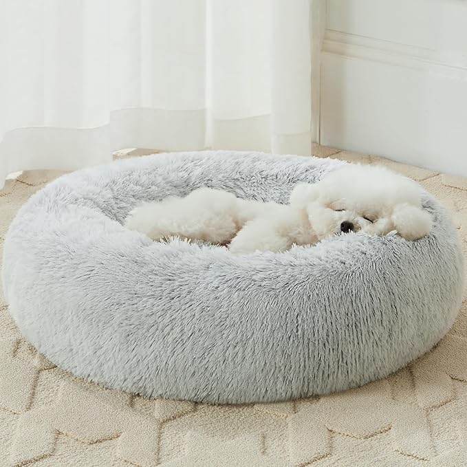 WNPETHOME Calming Dog Bed Cat Bed Donut, Faux Fur Pet Bed Self-Warming Donut Cuddler, Comfortable Round Plush Dog Beds (27 x 27 Inch, Light Grey)