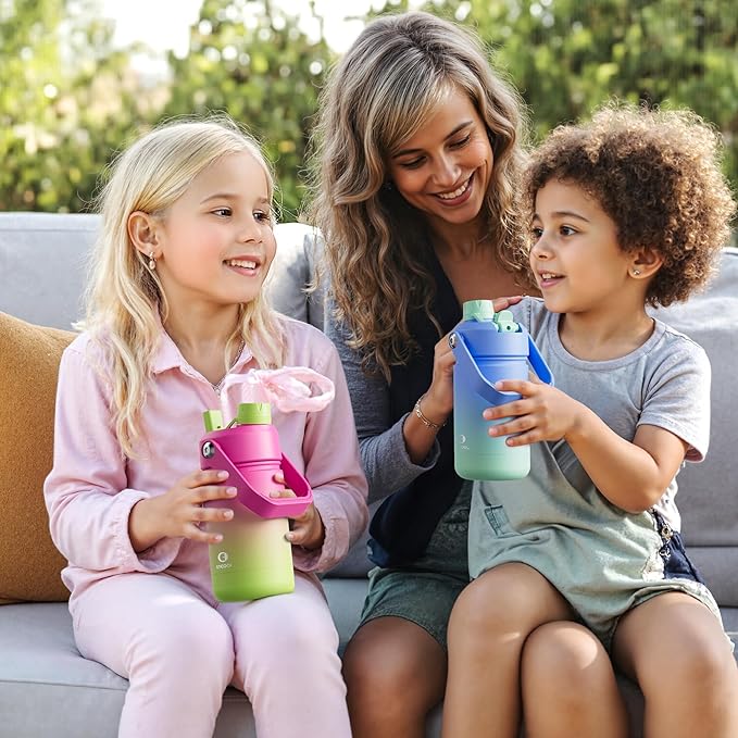 Kids Insualated Water Bottle with Straw - 12oz Stainless Steel Water Bottle with Dual Spouts, Leak-Proof, BPA-Free, Double Wall Vacuum Keeps Cold for 24 Hours for Sports, Travel, School (Black Night)