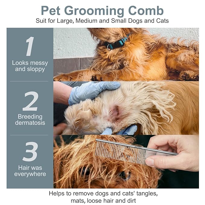 YIRU Dog Cat Grooming Combs,Large Steel Comb for Knots,Mats & Loose Hair Removal,Professional Grooming Comb for Dogs Cats