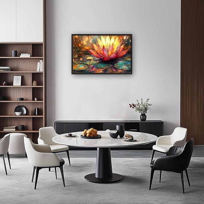 Framed Large Lotus Wall Art for Living Room, Oversized Lotus Flower Wall Decor Zen Golden Floral Canvas Painting Modern Artwork Home Decoration for Living Room Bedroom Office 36"x24"