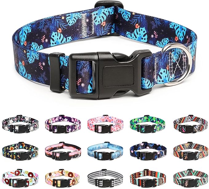 Mercano Adjustable Dog Collar - Special Design Patterns, Soft Nylon Comfortable Durable Pet Collar for Small Medium Large Dogs (XS, Monstera)