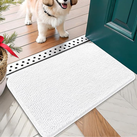 OLANLY Dog Door Mat for Muddy Paws 24x16, Absorbs Moisture and Dirt, Absorbent Non-Slip Washable Doormat, Quick Dry Chenille Mud Mat for Dogs, Entry Indoor Entryway Carpet for Inside Floor, White
