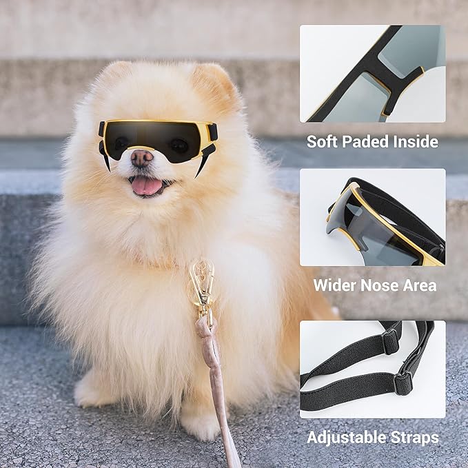 Lesypet Dog Sunglasses Small Breed, Dog Goggles for Small Dogs Windproof Anti-UV Glasses for Dogs Outdoor Eye Protection, Gold