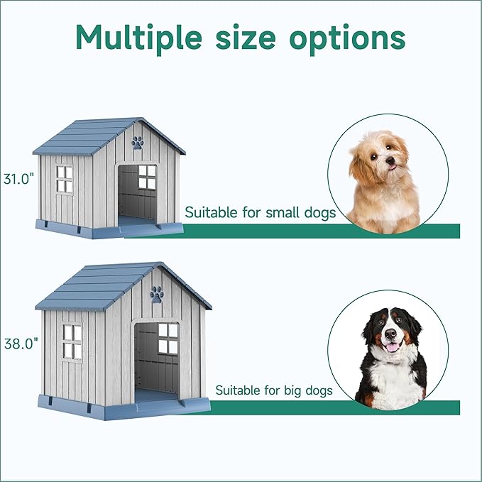 Vixzen 38in Large Outdoor Dog House,Durable Water Resistant Resin Dog House,Doghouse for Small to Large Dogs Indoor or Outside,with Air Vent and Elevated Floor,Blue