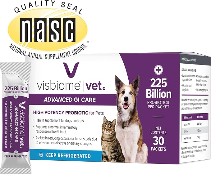 Visbiome® Vet Advanced GI Care Probiotic for Dogs & Cats – 225B CFU, 8-Strain Formula – Veterinarian Recommended, Clean Label Certified – 90 Packets