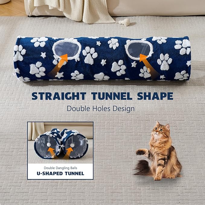 Straight Cat Tunnel for Indoor Cats 47"x12", Cute Cat Toys Collapsible Tunnel Tube with Balls for Puppy Kitten Rabbit, Blue Paw