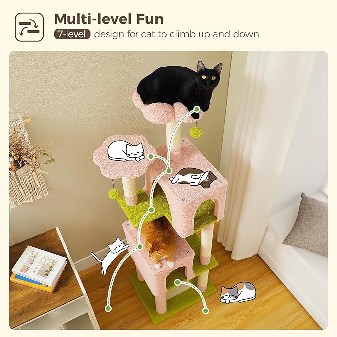 Flower Cat Tree, 62-Inch Tall Multi-Level Cat Tower with Scratching Posts for Large Indoor Cats, Plush Bed w/Padded Perches, Scratching Pad & 2 Green Pompoms, Pink