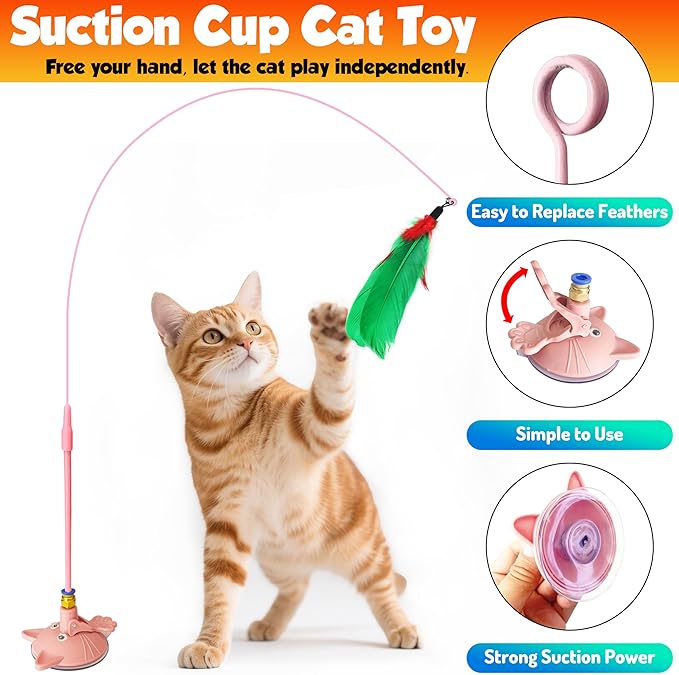 Cat toy pack with 27PCS self play accessories for indoor cats-cat teaser wand, fishing pole, suction cup, ball, string, mouse, feathers and hanging interactive cat toys for kitten Exercise & Chase