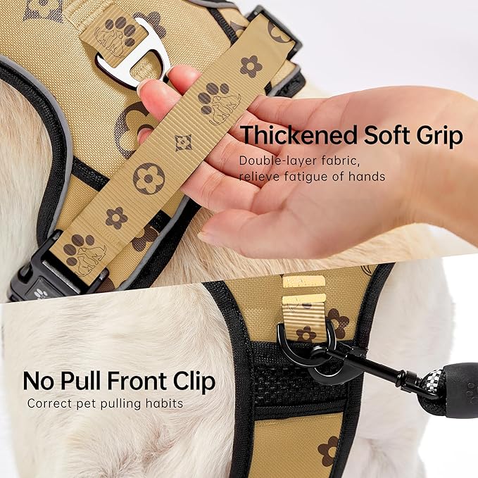 NESTROAD No Pull Dog Harness,Adjustable Oxford Dog Vest Harness with Leash,Reflective No-Choke Pet Harness with Easy Control Soft Handle for Large Dogs(Large,Light Brown)