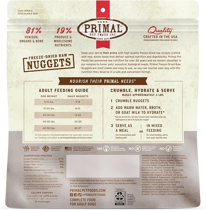 Primal Freeze Dried Raw Dog Food Nuggets, Venison, Complete & Balanced Meal, Also Use as Topper or Treat, Premium, Healthy, Grain Free, High Protein Raw Dog Food, 14 oz