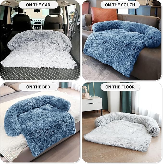 GGIB Calming Dog Bed Fluffy Plush Dog Mat for Furniture Protector with Removable Washable Cover for Large Medium Small Dogs and Cats (Large, Navy)