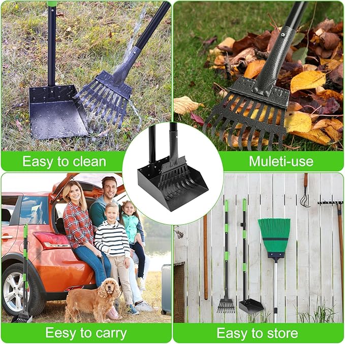 Non-Breakable Pooper Scooper, Dog Pooper Scooper Tray & Rake Set with Adjustable Stainless Steel Long Handle for Large Medium Small Dogs (Green)