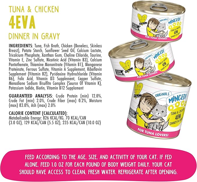Weruva BFF Minced Natural Wet Cat Food, Tuna and Chicken 4 Eva in Gravy, 5.5oz Can, Pack of 24