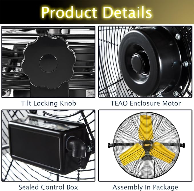 HiCFM 9100 CFM 24 inch Heavy Duty Industrial Wall Mounted Fan with TEAO Enclosure Motor, Permanent Lubricated Ball Bearing, 9 FT Cord, 180Degree Tilting, Safety Yellow Blade Wall Fan - UL Listed
