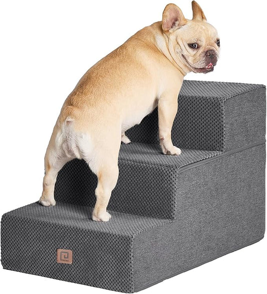 EHEYCIGA Dog Stairs for Small Dogs 16.5" H, 3-Step Extra Wide Dog Steps for Couch Sofa and Chair, Pet Steps for Medium Cats, Non-Slip Balanced Pet Ramp Indoor, Grey